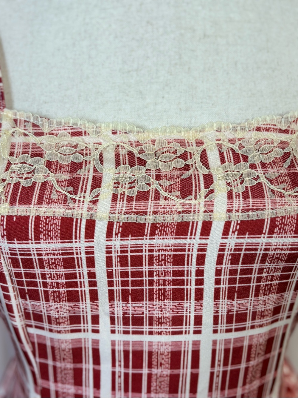 Red Plaid Lace Tiered Cottagecore Coquette Mini Dress Size M - Picture 4 of 16